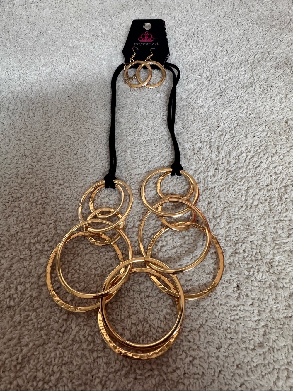 Paparazzi Gold Multi-Ring Statement Necklace and Earring Set - Gold